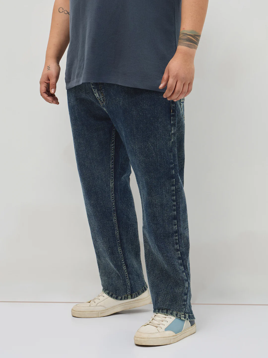 Plus Men's Dark Blue Regular Fit Towel Washed Yellow Tint Denim Jeans Stretchable - Image 2
