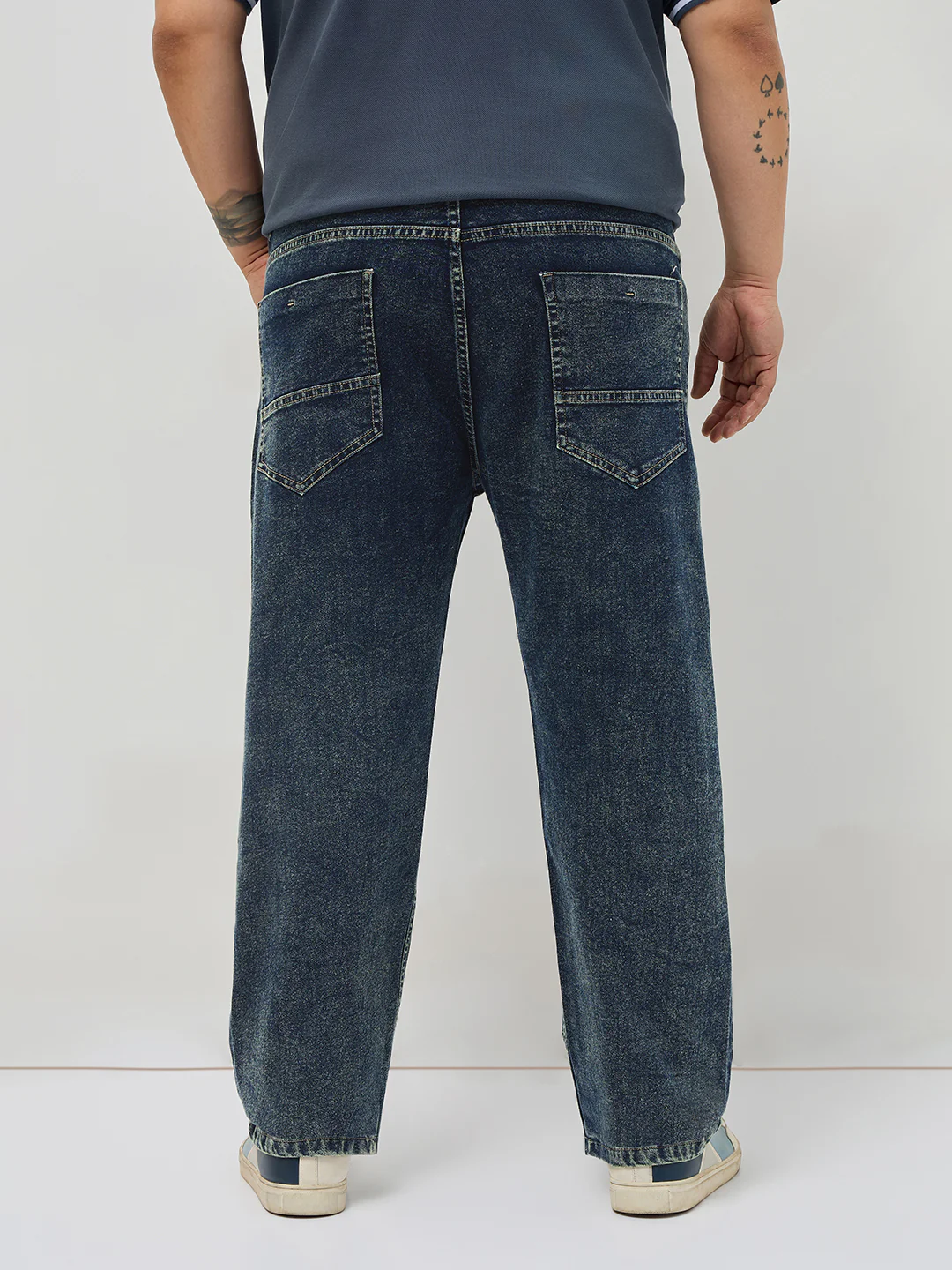 Plus Men's Dark Blue Regular Fit Towel Washed Yellow Tint Denim Jeans Stretchable - Image 3
