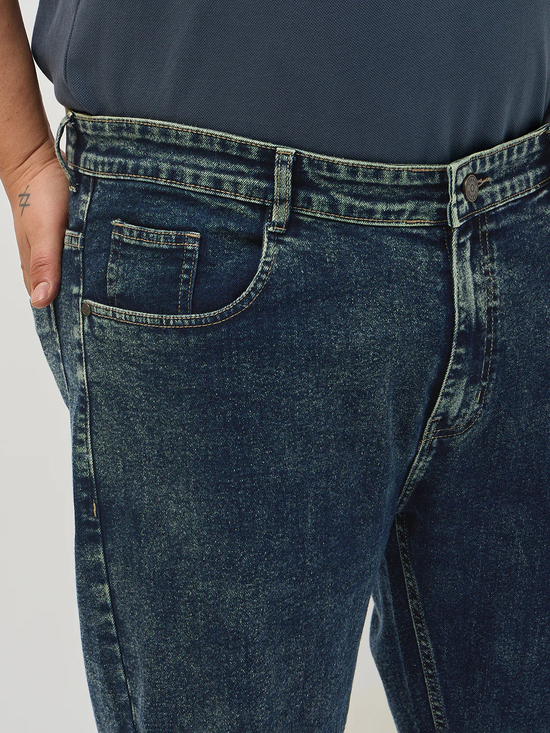 Plus Men's Dark Blue Regular Fit Towel Washed Yellow Tint Denim Jeans Stretchable - Image 5