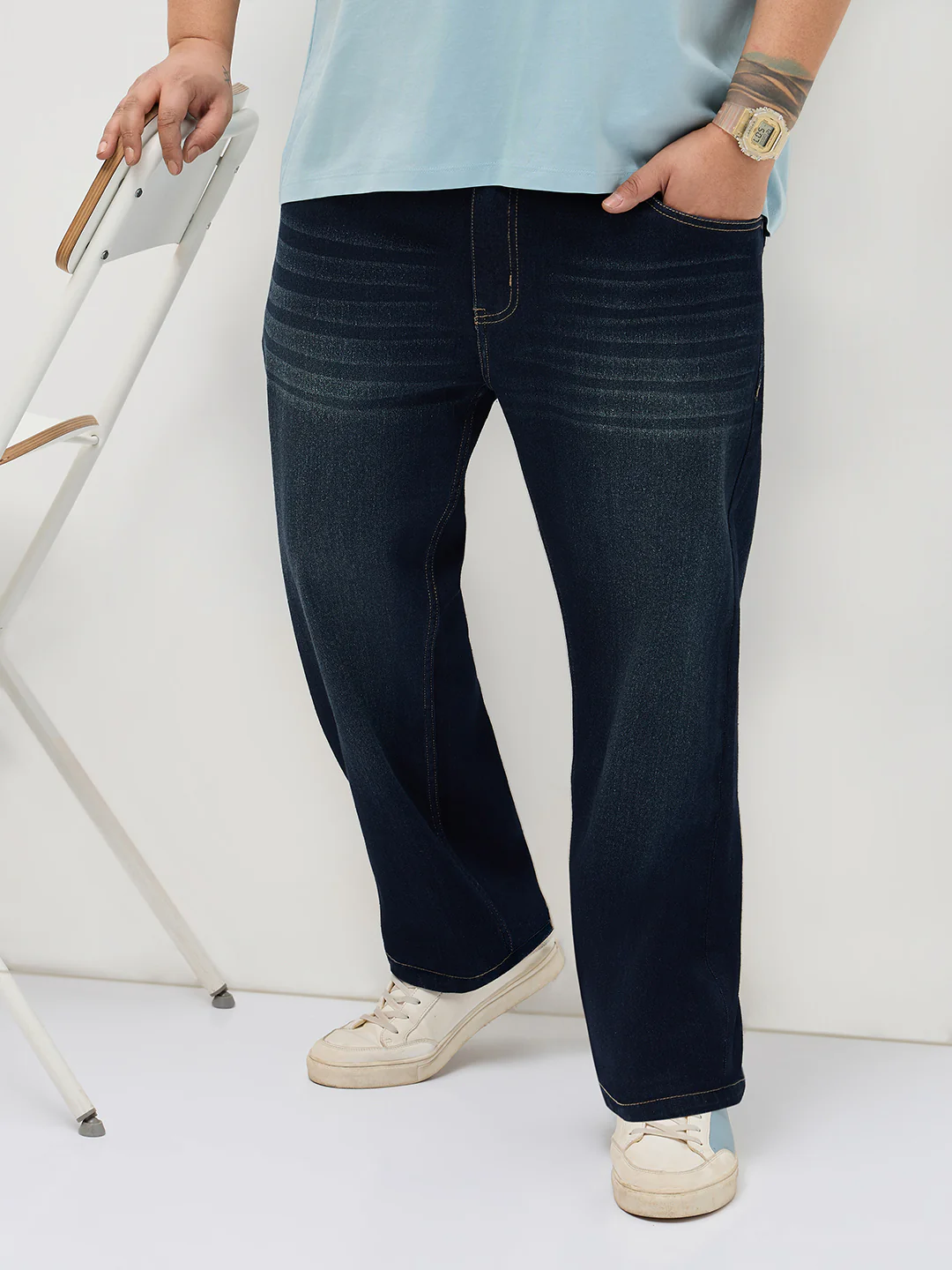 Plus Men's Dark Blue Regular Fit Whisker Washed Yellow Tint Denim Jeans Stretchable