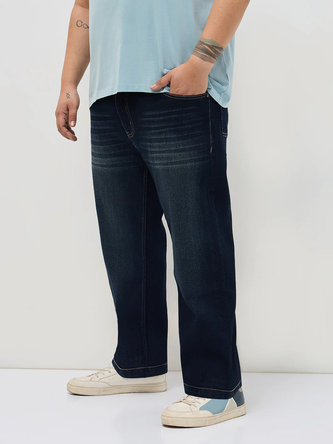 Plus Men's Dark Blue Regular Fit Whisker Washed Yellow Tint Denim Jeans Stretchable - Image 2