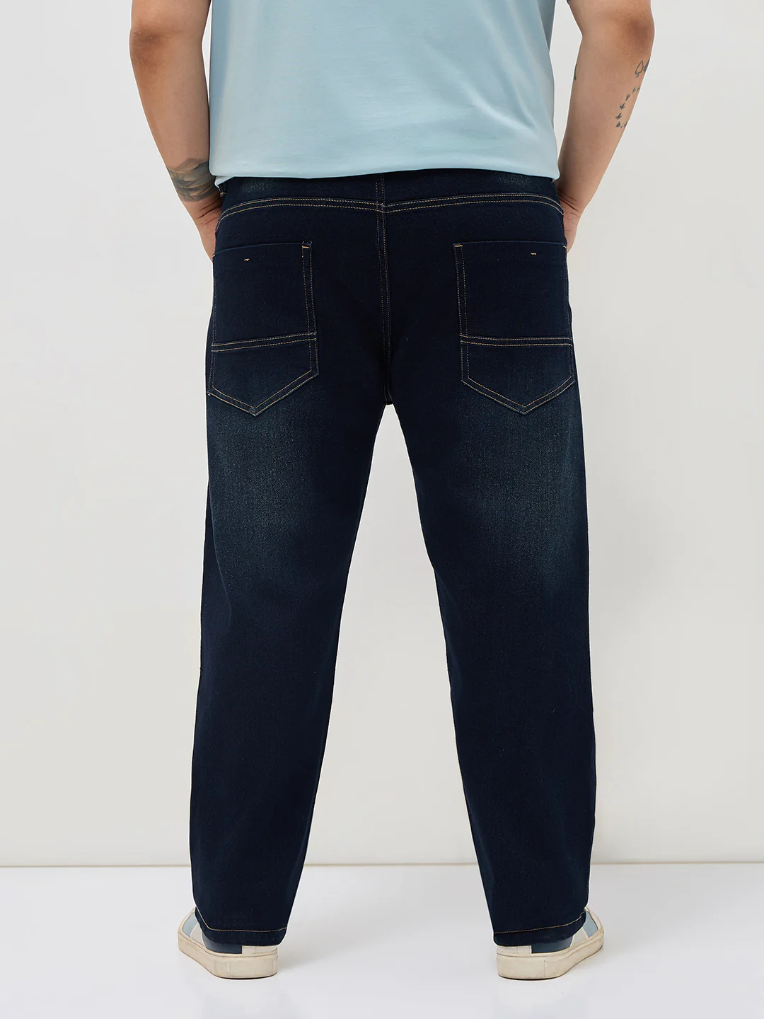 Plus Men's Dark Blue Regular Fit Whisker Washed Yellow Tint Denim Jeans Stretchable - Image 3