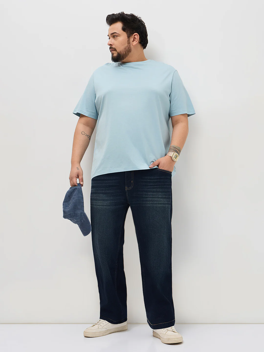 Plus Men's Dark Blue Regular Fit Whisker Washed Yellow Tint Denim Jeans Stretchable - Image 4