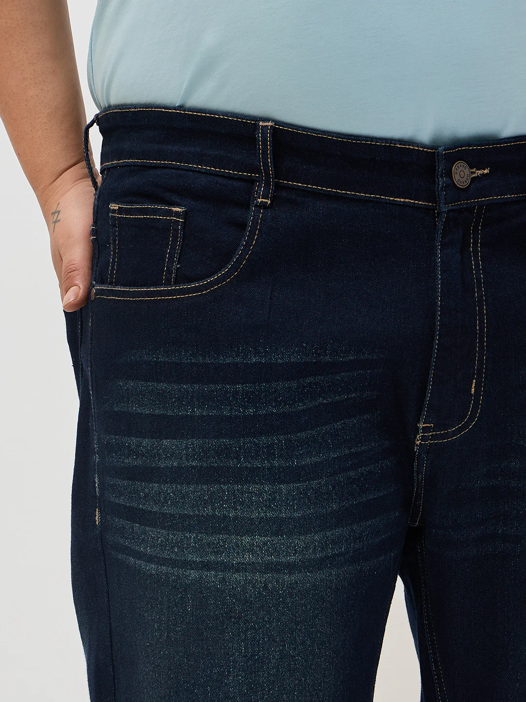 Plus Men's Dark Blue Regular Fit Whisker Washed Yellow Tint Denim Jeans Stretchable - Image 5