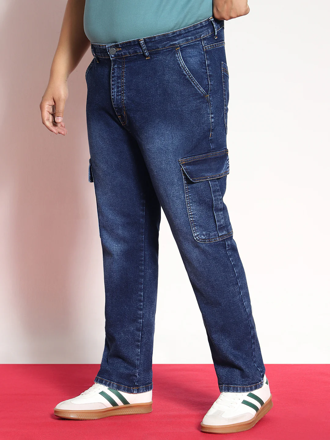 Plus Men's Dark Blue Regular Fit Washed Cargo Jeans With 6 Pockets Stretchable - Image 2