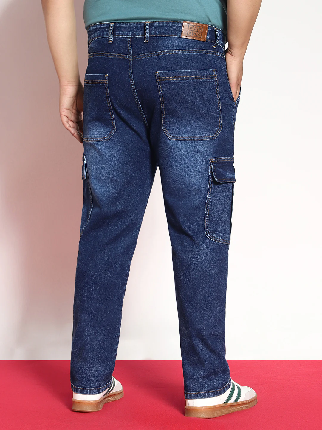 Plus Men's Dark Blue Regular Fit Washed Cargo Jeans With 6 Pockets Stretchable - Image 3