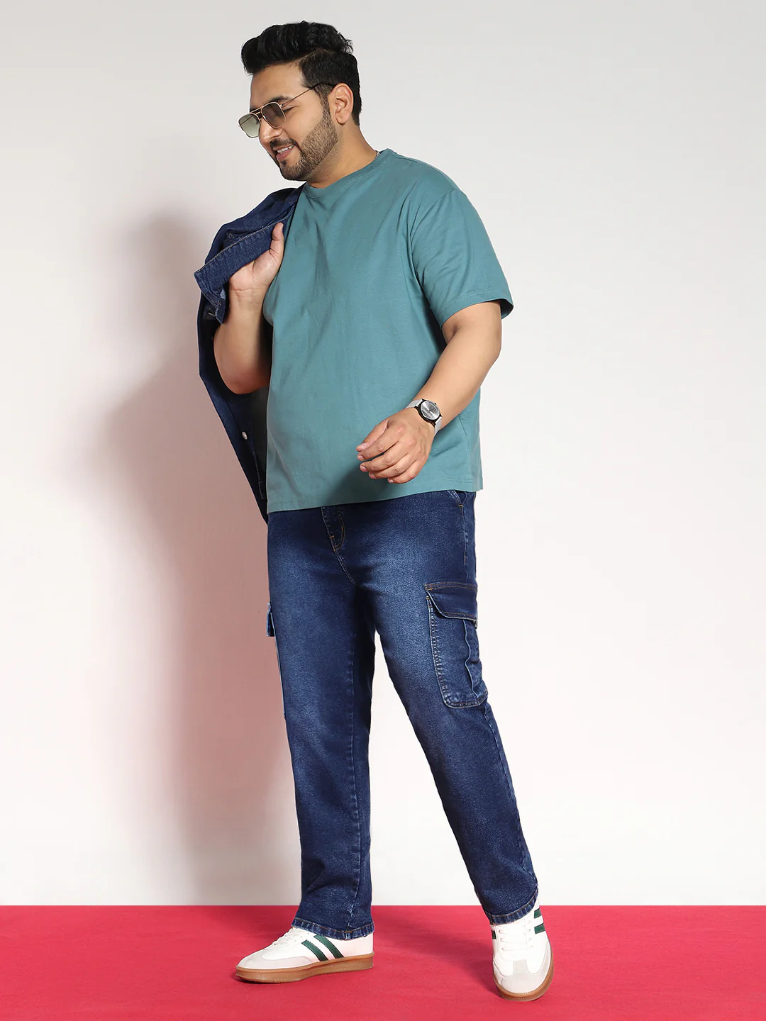 Plus Men's Dark Blue Regular Fit Washed Cargo Jeans With 6 Pockets Stretchable - Image 4