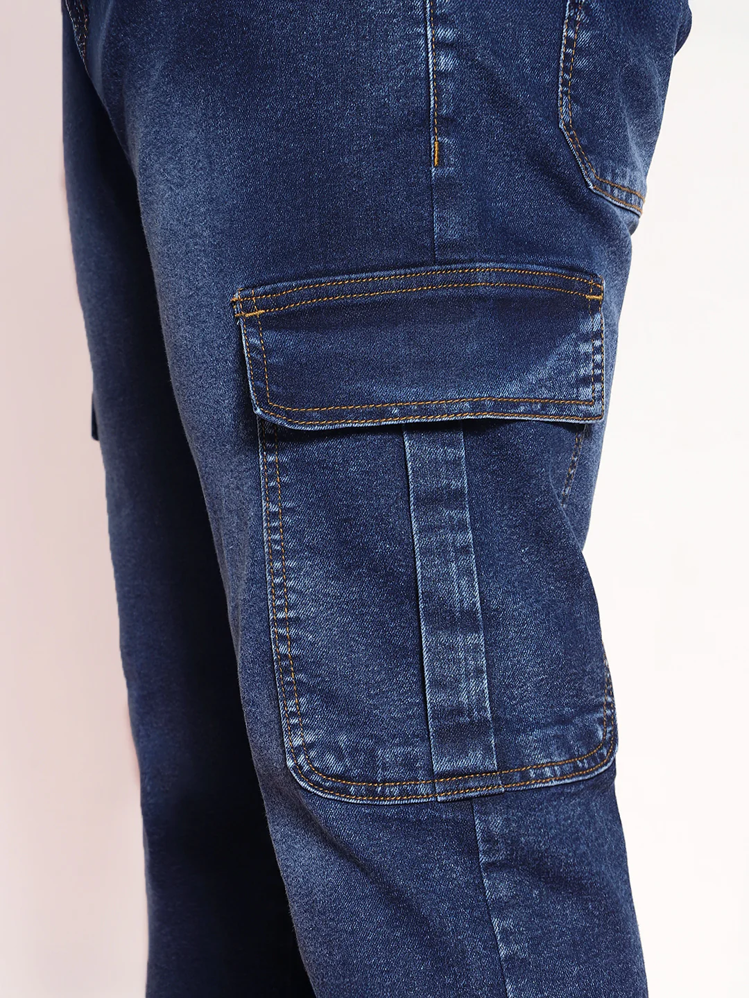 Plus Men's Dark Blue Regular Fit Washed Cargo Jeans With 6 Pockets Stretchable - Image 5