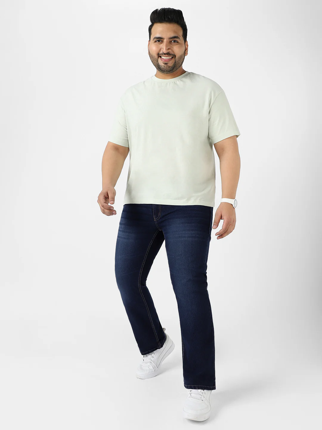 Plus Men's Blue Regular Fit Washed Bootcut Jeans Stretchable - Image 4