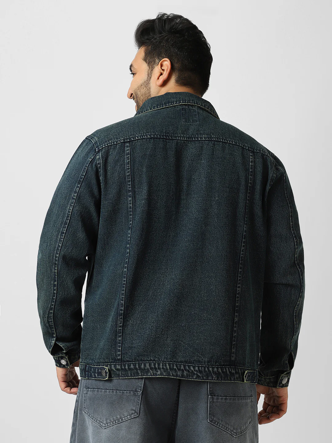 Plus Men's Dark Blue Regular Fit Washed Full Sleeve Denim Jacket - Image 3