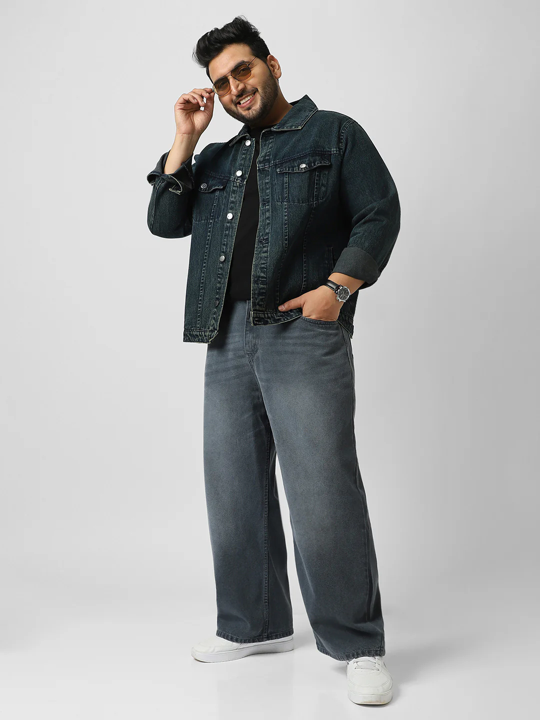 Plus Men's Dark Blue Regular Fit Washed Full Sleeve Denim Jacket - Image 4