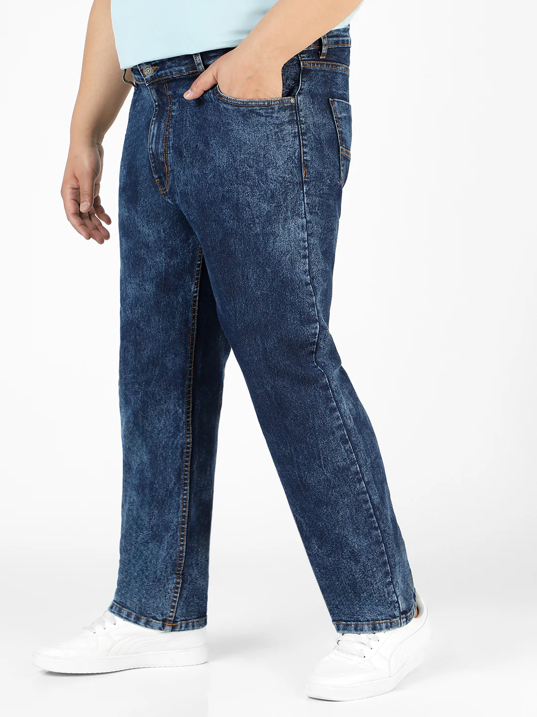Plus Men's Dark Blue Regular Fit Washed Jeans Stretchable - Image 3