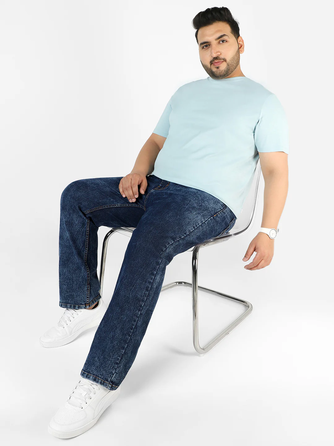 Plus Men's Dark Blue Regular Fit Washed Jeans Stretchable - Image 5