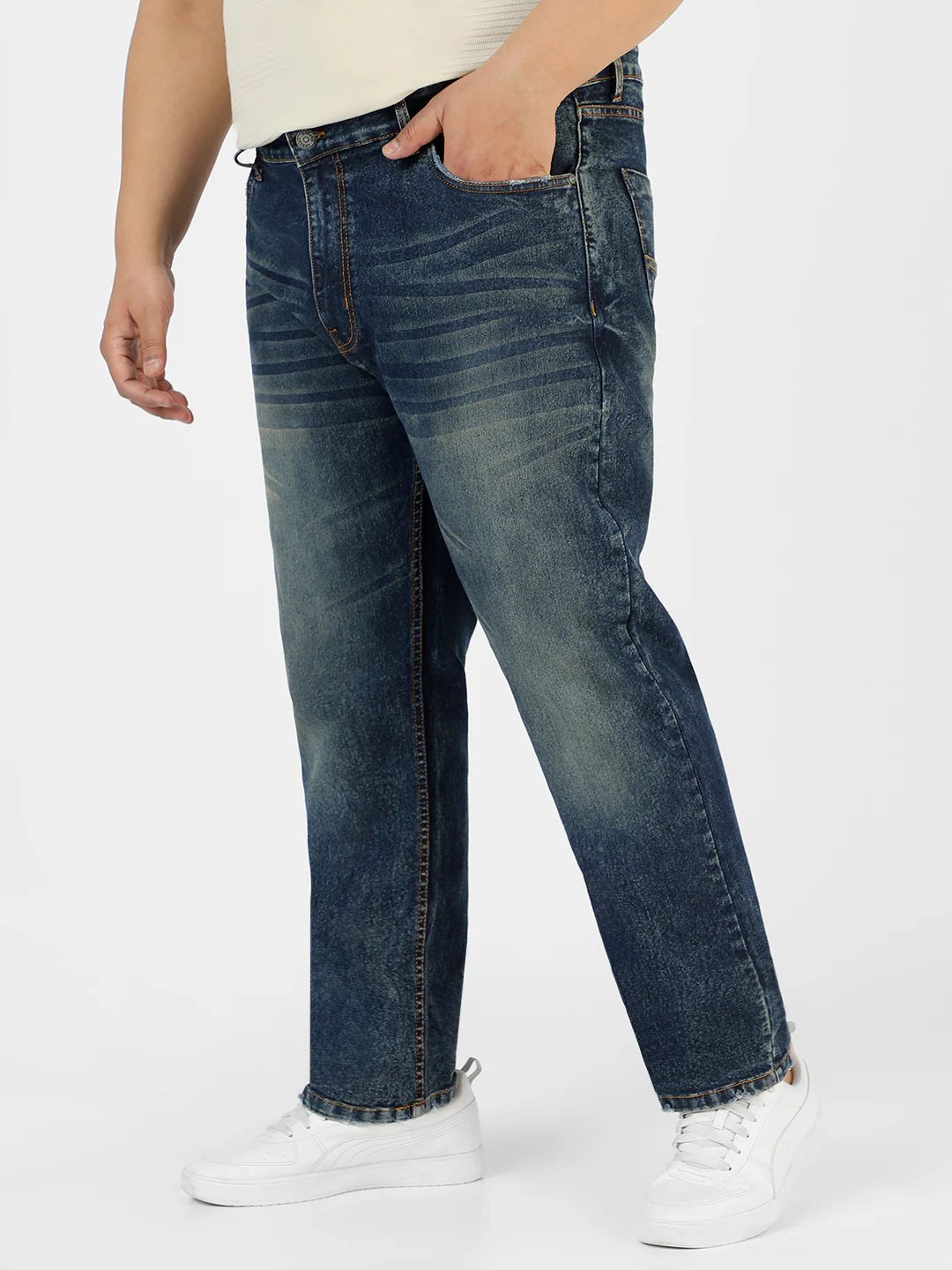 Plus Men's Dark Blue Regular Fit Washed Jeans Stretchable - Image 2