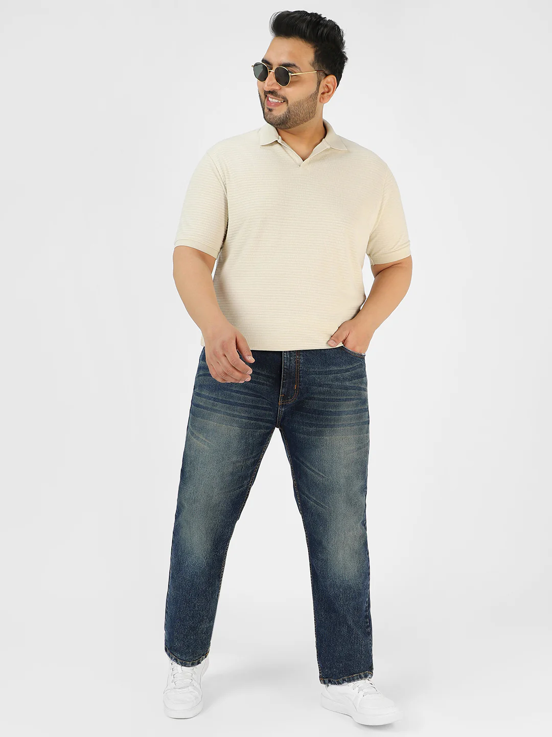 Plus Men's Dark Blue Regular Fit Washed Jeans Stretchable - Image 4