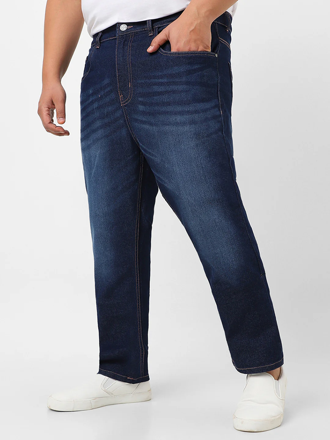 Plus Men's Dark Blue Regular Fit Washed Jeans Stretchable - Image 3