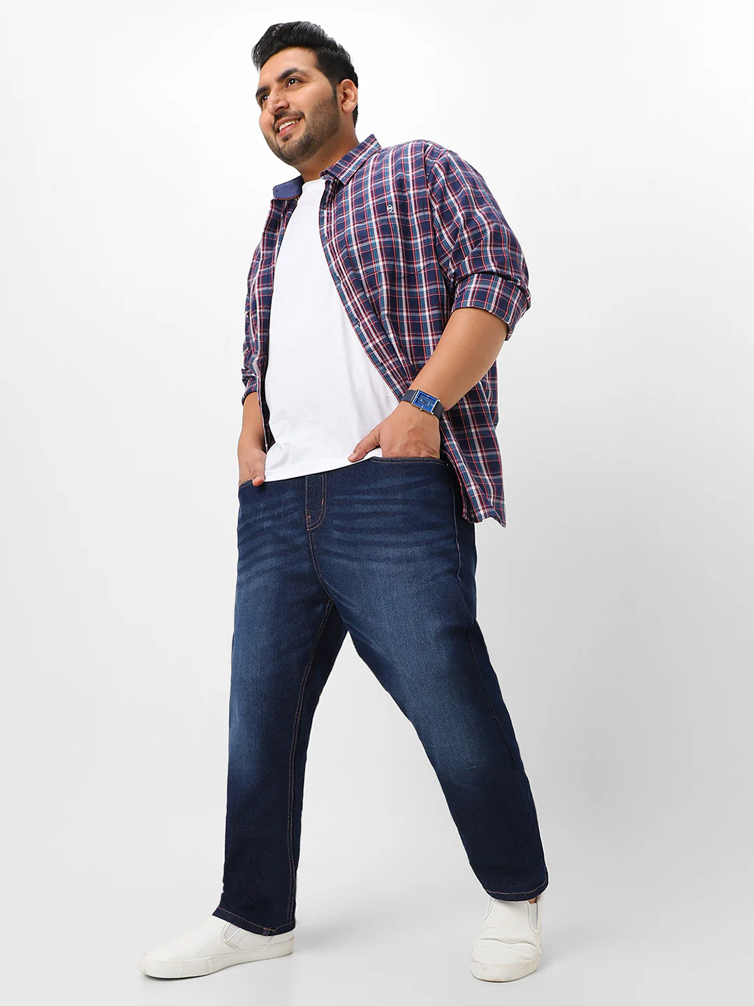 Plus Men's Dark Blue Regular Fit Washed Jeans Stretchable - Image 5