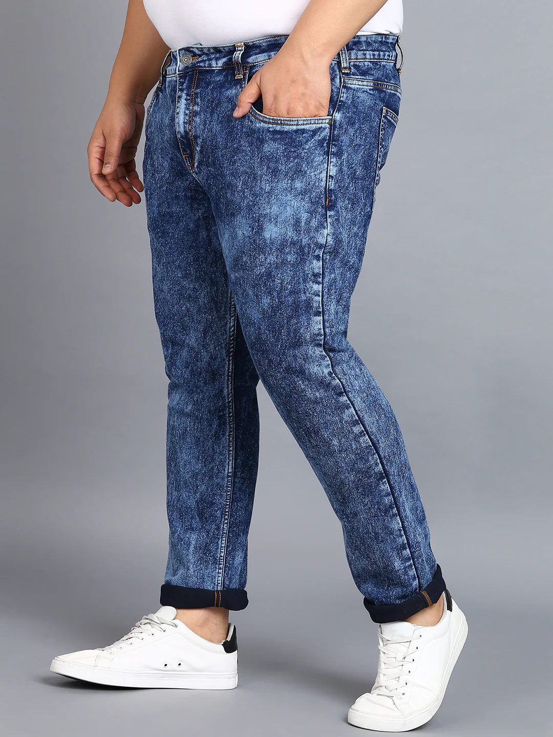 Plus Men's Dark Blue Regular Fit Washed Jeans Stretchable - Image 2