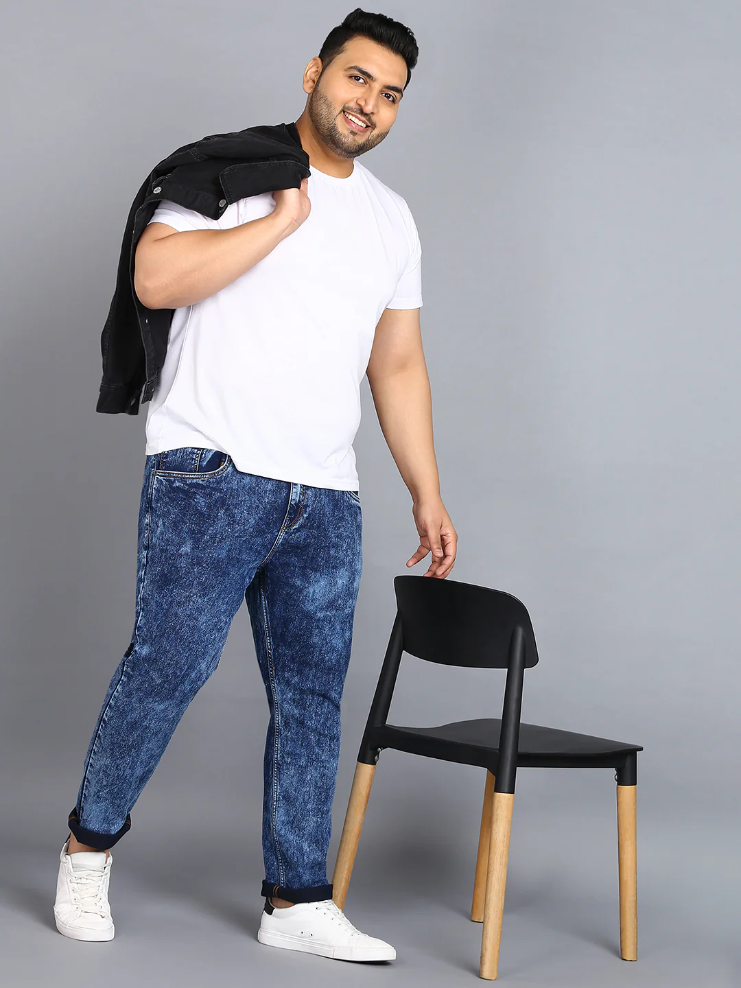 Plus Men's Dark Blue Regular Fit Washed Jeans Stretchable - Image 4