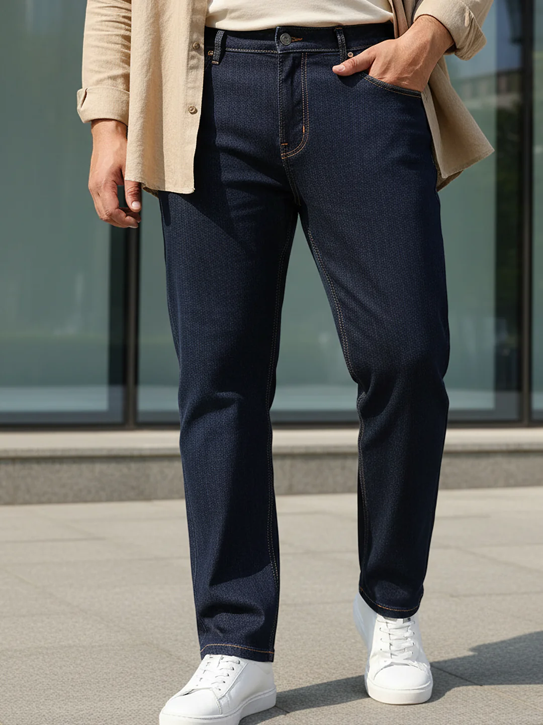 Plus Men's Dark Blue Regular Fit Washed Jeans Stretchable