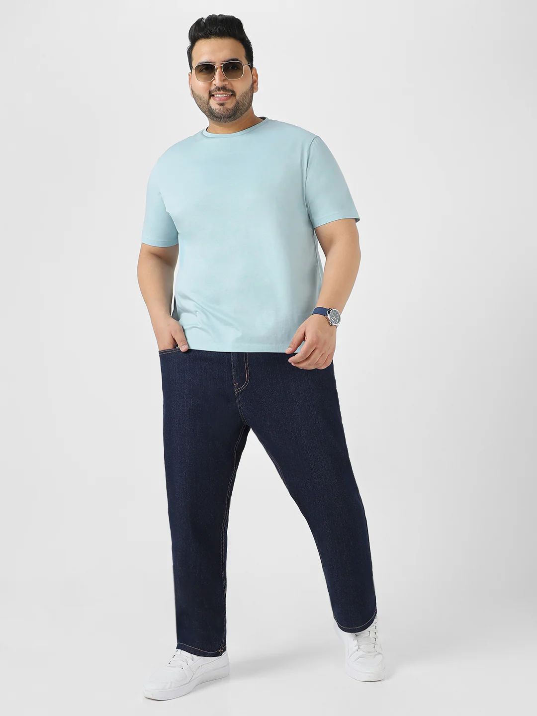 Plus Men's Dark Blue Regular Fit Washed Jeans Stretchable - Image 4
