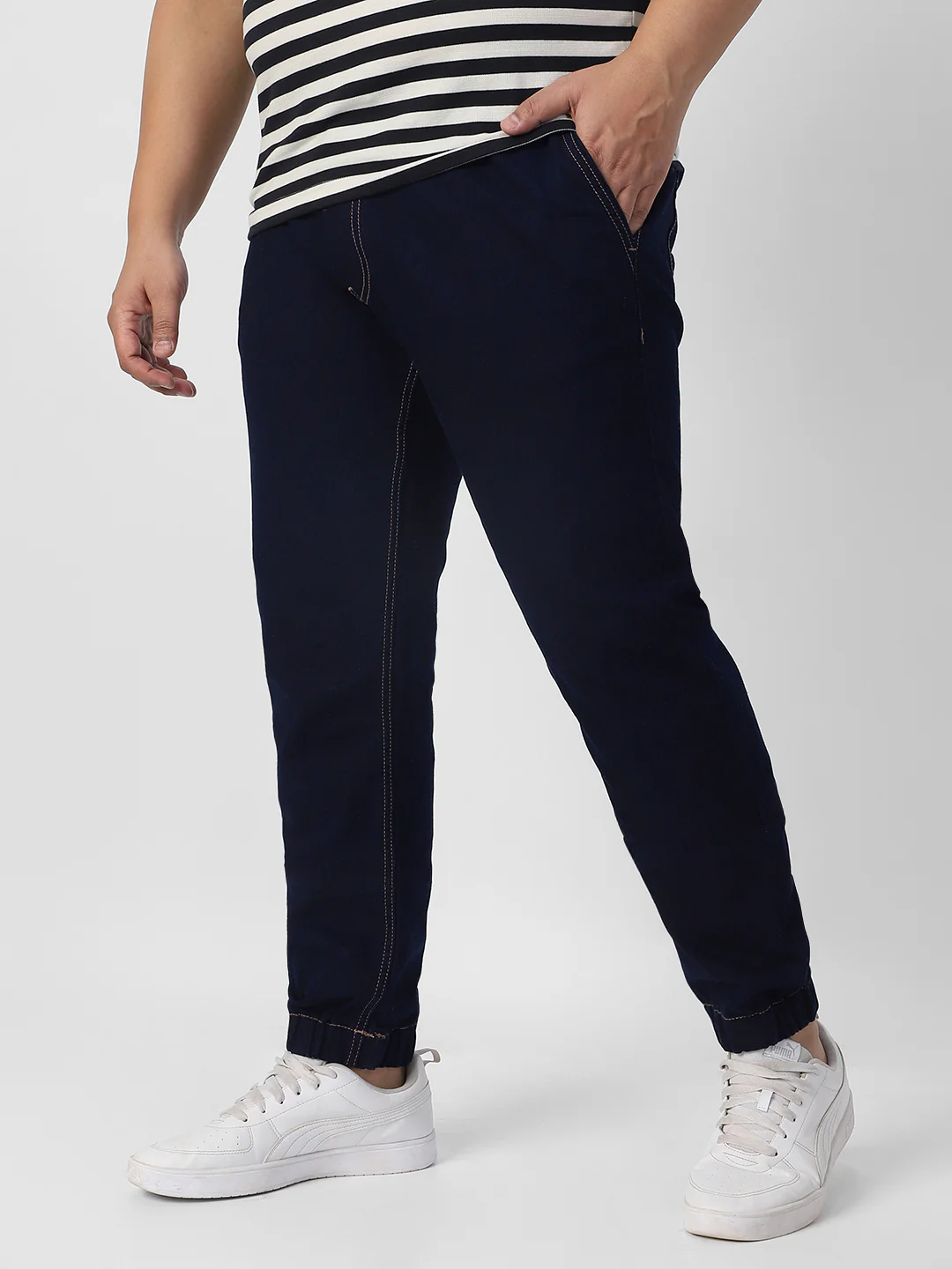 Plus Men's Dark Blue Regular Fit Washed Joggers Jeans Stretchable - Image 2