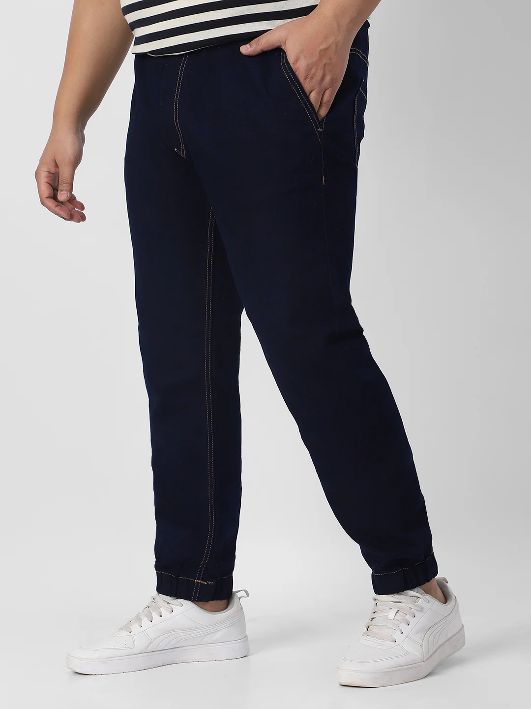 Plus Men's Dark Blue Regular Fit Washed Joggers Jeans Stretchable - Image 4