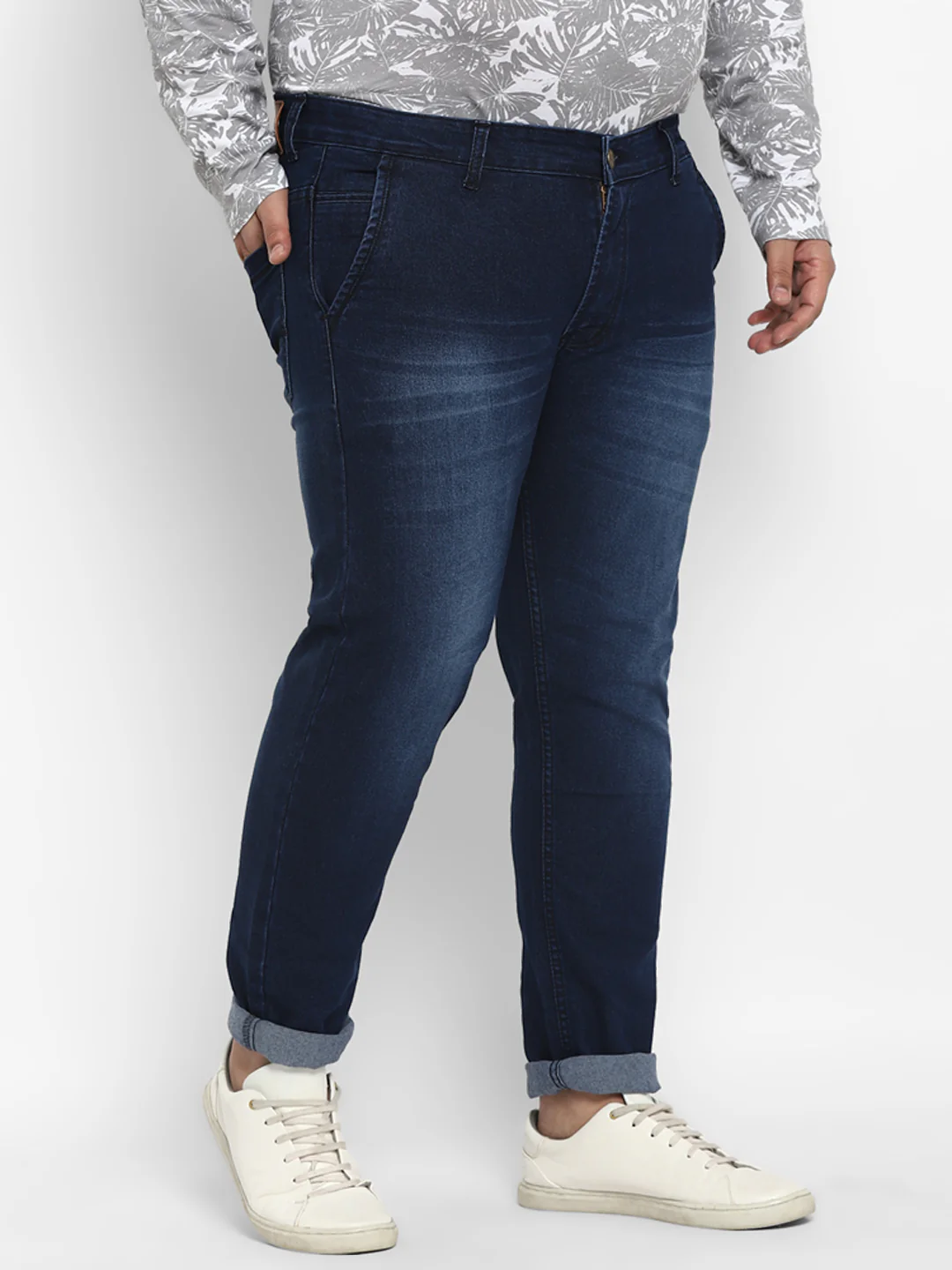 Plus Men's Dark Blue Regular Fit Whisker Washed Jeans Stretchable - Image 4