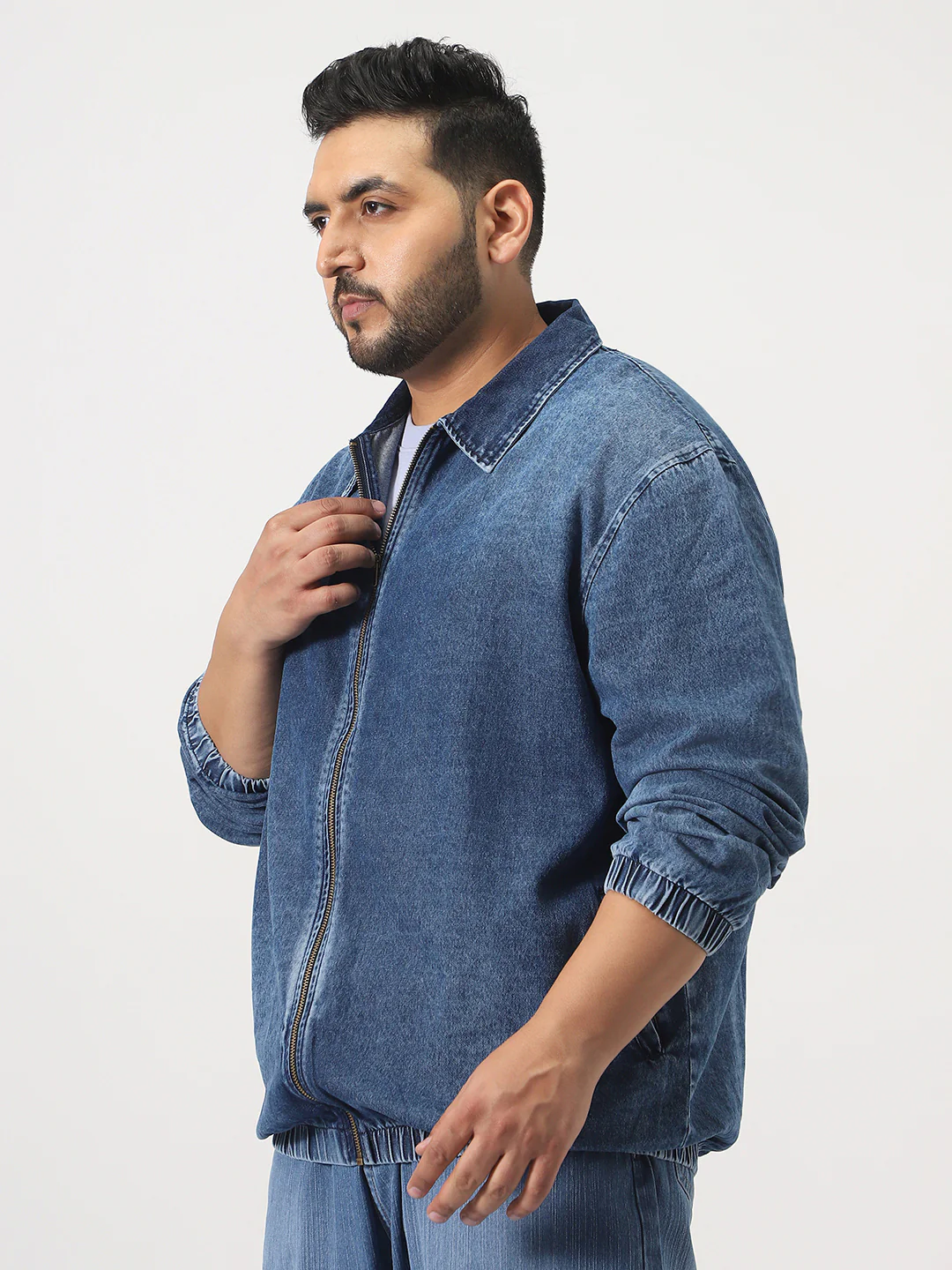 Plus Men's Dark Blue Relaxed Fit Full Sleeve Harrington Denim Jacket - Image 2