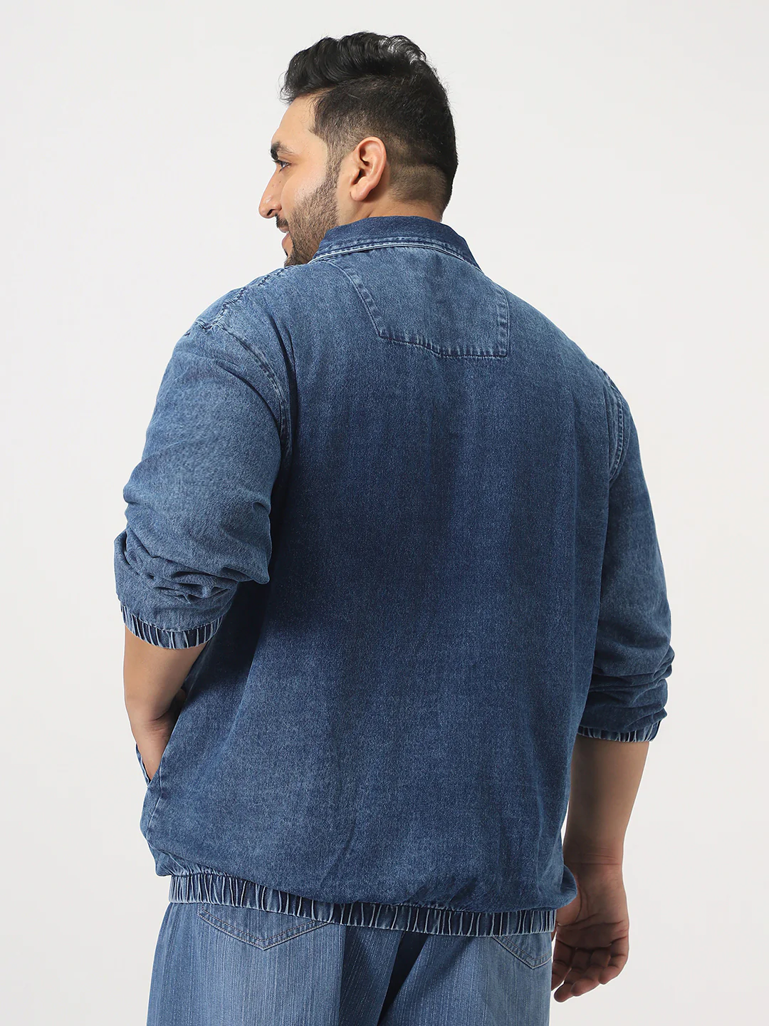 Plus Men's Dark Blue Relaxed Fit Full Sleeve Harrington Denim Jacket - Image 3