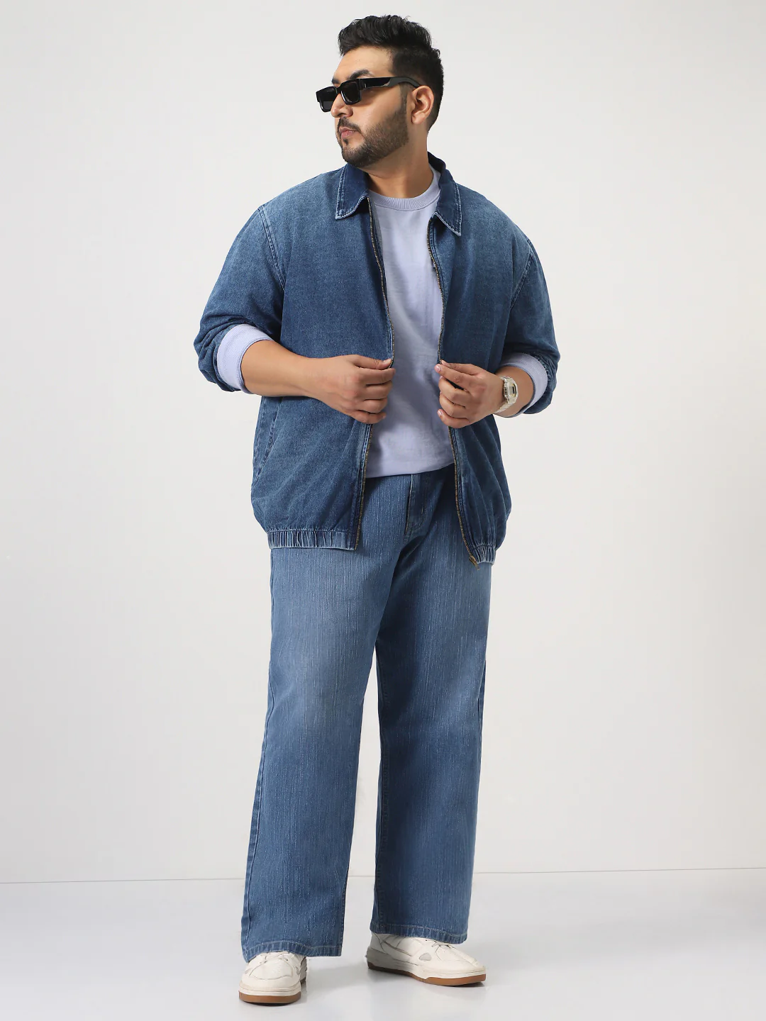 Plus Men's Dark Blue Relaxed Fit Full Sleeve Harrington Denim Jacket - Image 4