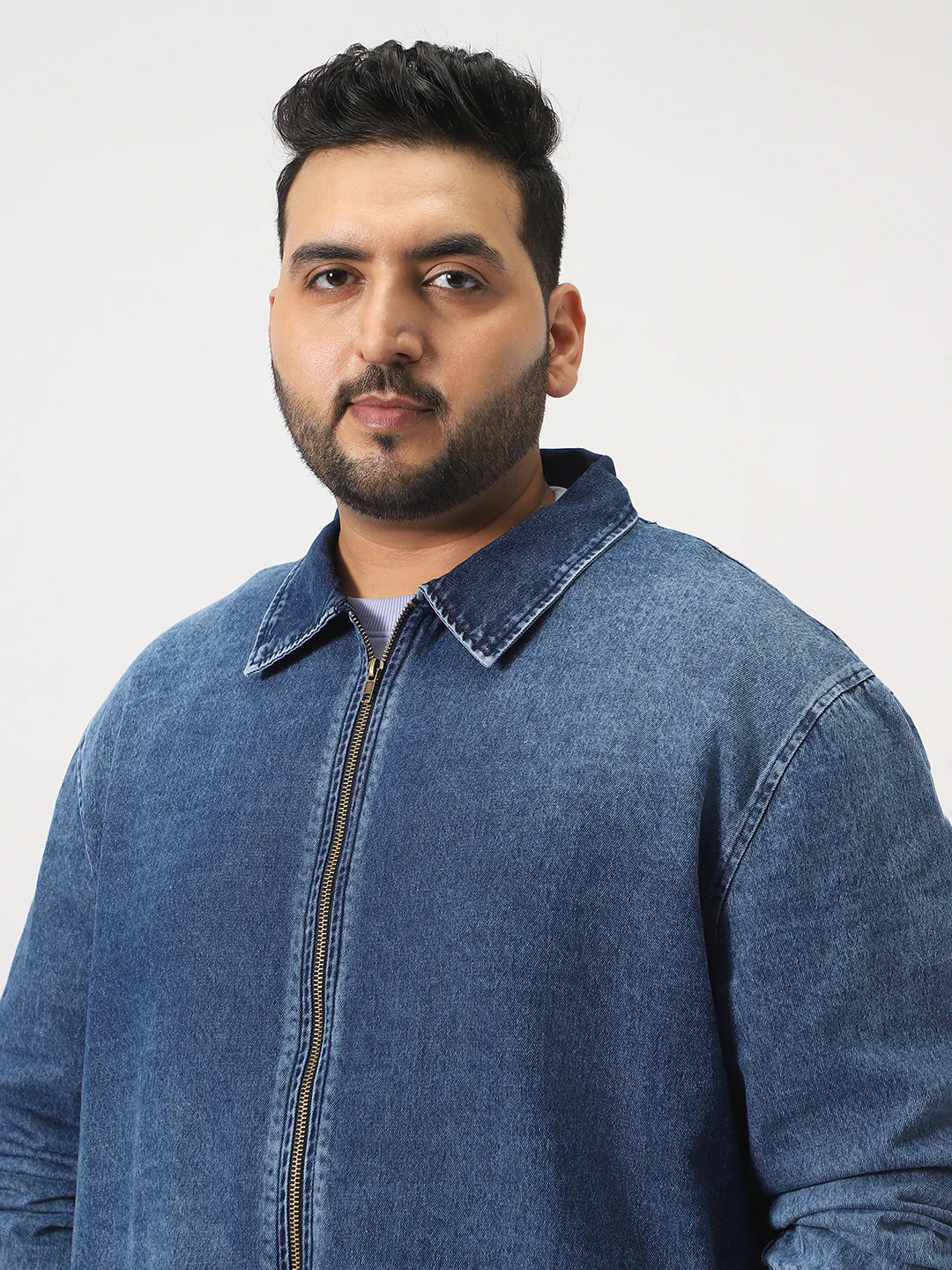 Plus Men's Dark Blue Relaxed Fit Full Sleeve Harrington Denim Jacket - Image 5