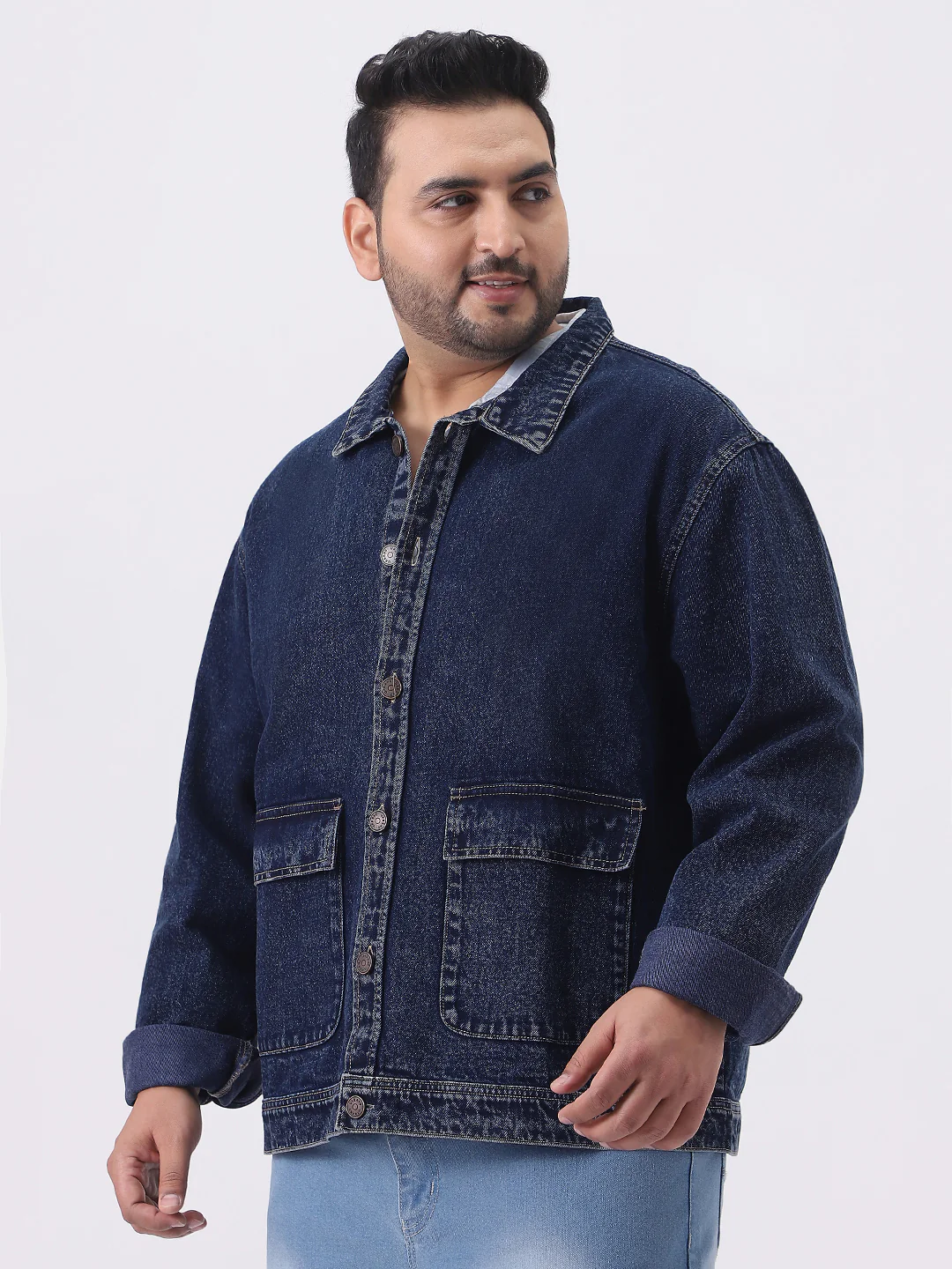 Plus Men's Dark Blue Relaxed Fit Full Sleeve Utility Denim Jacket - Image 2