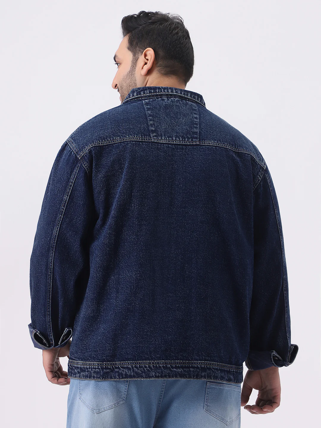 Plus Men's Dark Blue Relaxed Fit Full Sleeve Utility Denim Jacket - Image 3