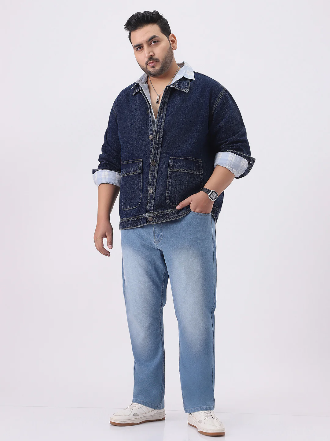 Plus Men's Dark Blue Relaxed Fit Full Sleeve Utility Denim Jacket - Image 4