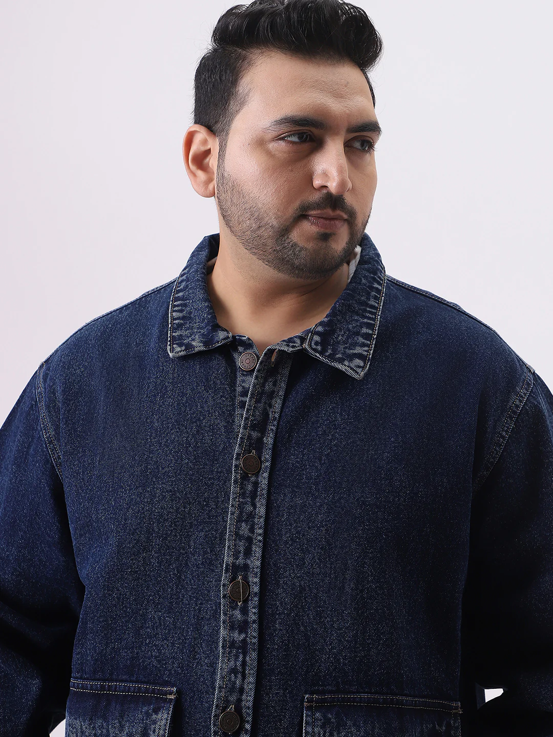 Plus Men's Dark Blue Relaxed Fit Full Sleeve Utility Denim Jacket - Image 5