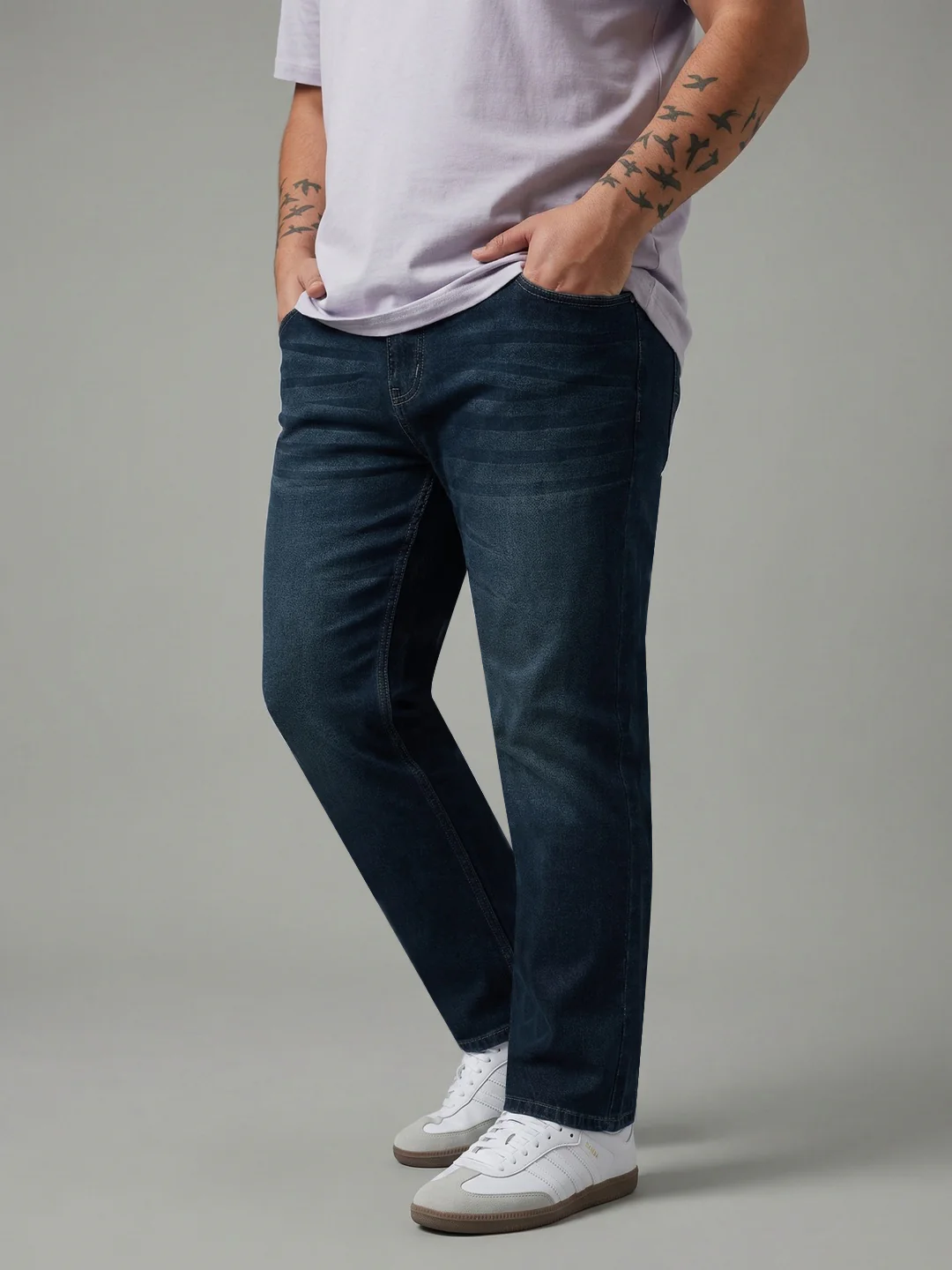 Plus Men's Dark Blue Relaxed Fit Washed Denim Jeans Non-Stretchable - Image 2