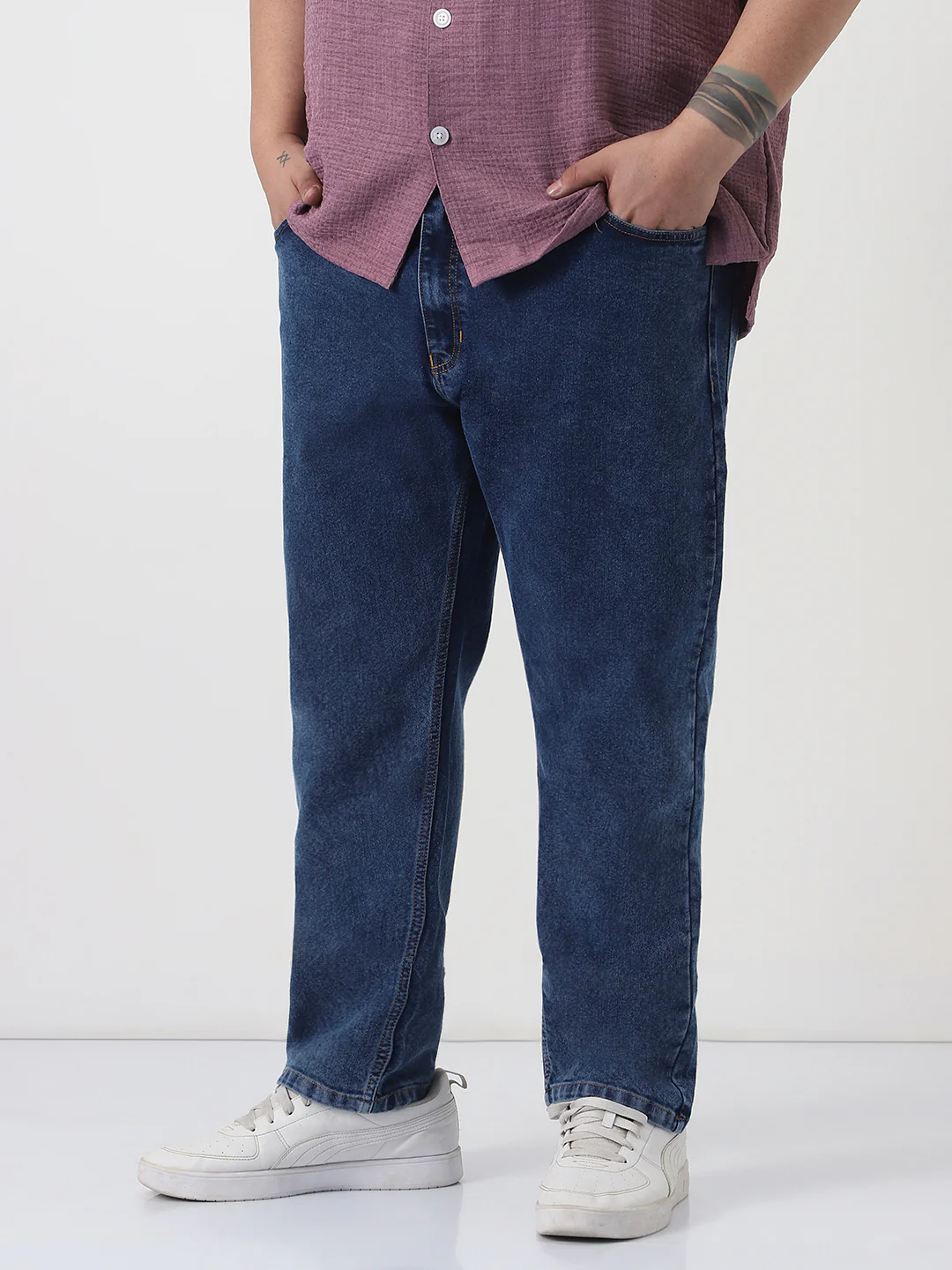 Plus Men's Dark Blue Slim Fit Washed Denim Jeans Stretchable - Image 2