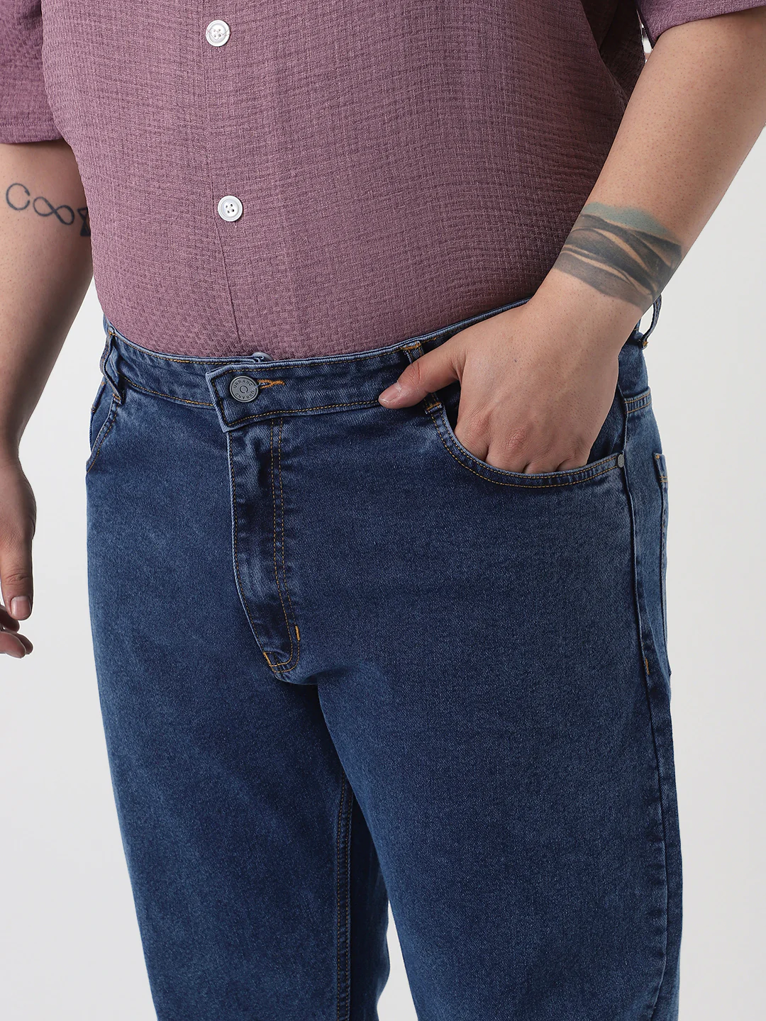 Plus Men's Dark Blue Slim Fit Washed Denim Jeans Stretchable - Image 5