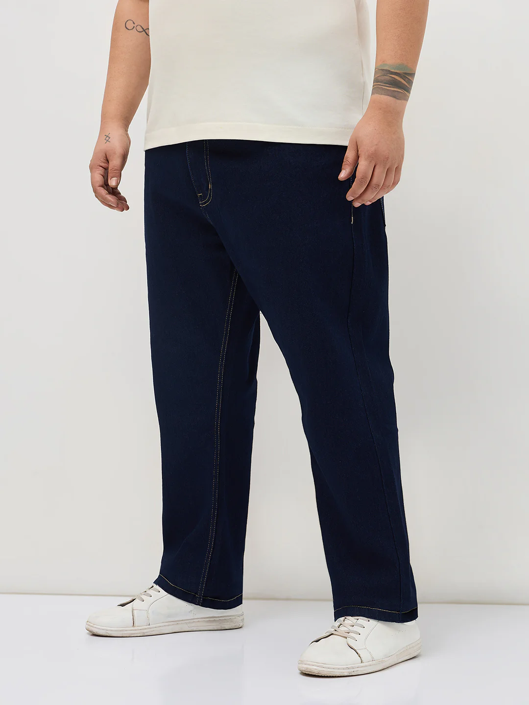 Plus Men's Dark Blue Straight Fit Raw Washed Denim Jeans Stretchable - Image 2