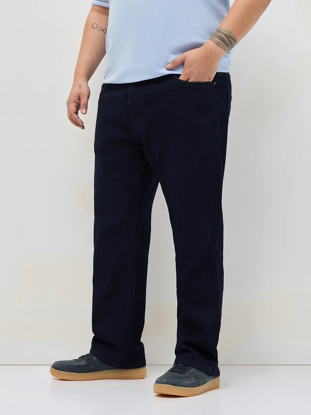Plus Men's Dark Blue Straight Fit Raw Washed Denim Jeans Stretchable - Image 2