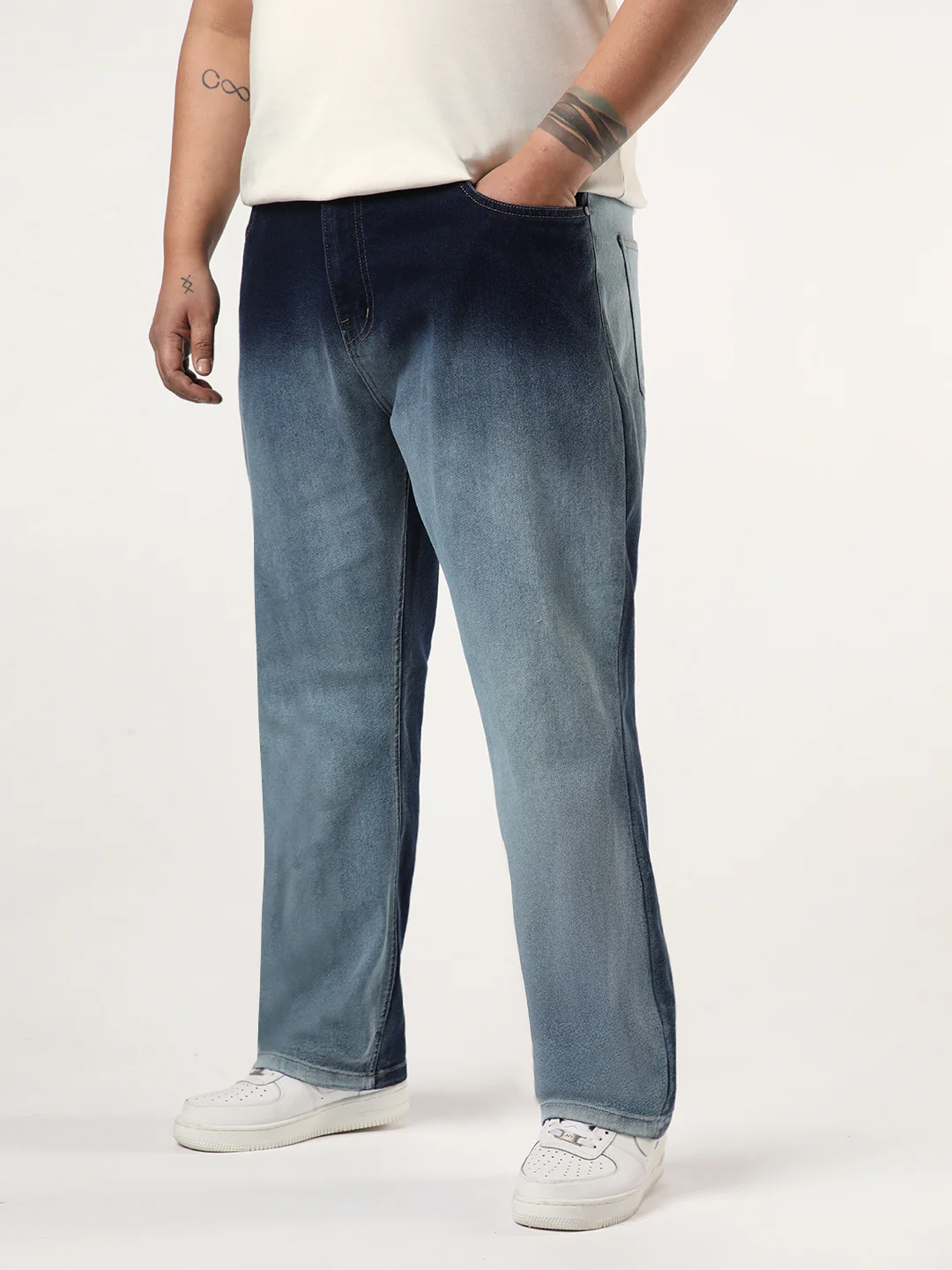 Plus Men's Dark Blue Straight Fit Heavy Washed Faded Denim Jeans Stretchable - Image 2