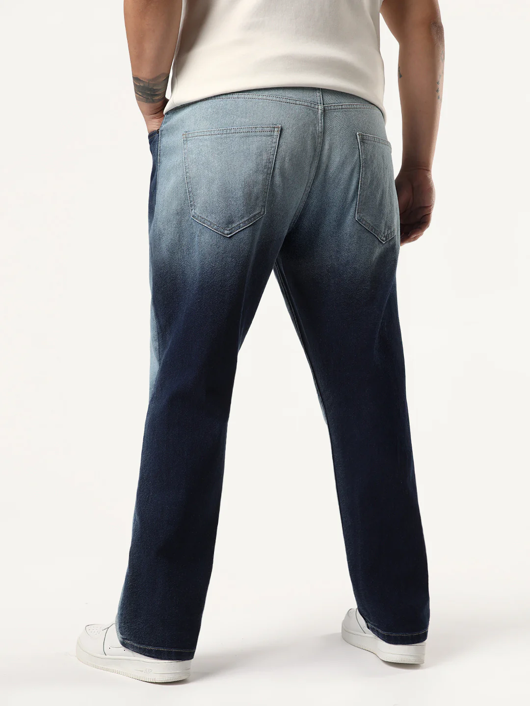 Plus Men's Dark Blue Straight Fit Heavy Washed Faded Denim Jeans Stretchable - Image 3