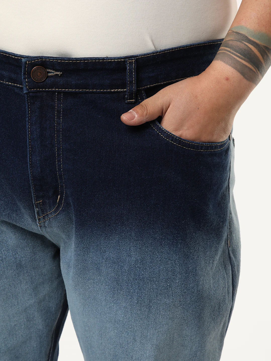 Plus Men's Dark Blue Straight Fit Heavy Washed Faded Denim Jeans Stretchable - Image 5