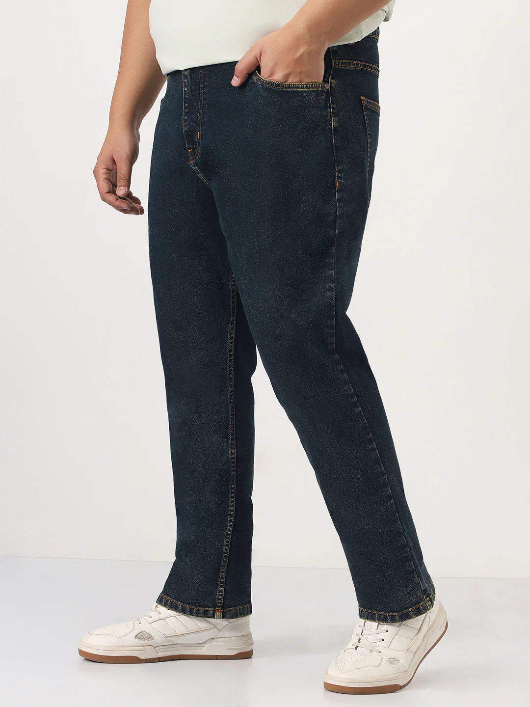Plus Men's Dark Blue Straight Fit Heavy Washed Jeans Stretchable - Image 2