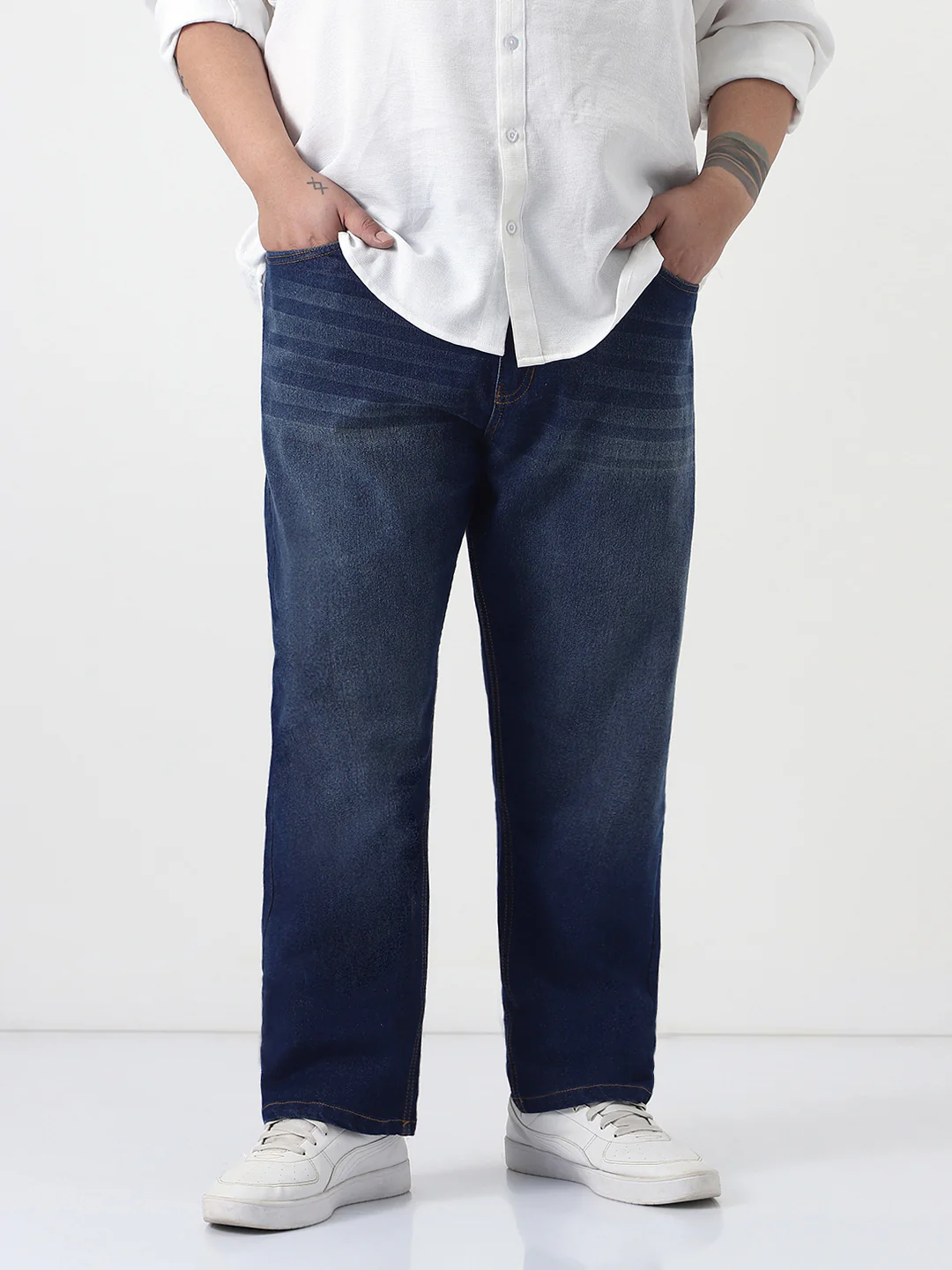 Plus Men's Dark Blue Straight Fit Heavy Washed Jeans Stretchable