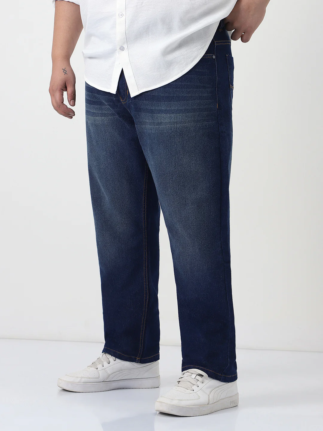 Plus Men's Dark Blue Straight Fit Heavy Washed Jeans Stretchable - Image 2
