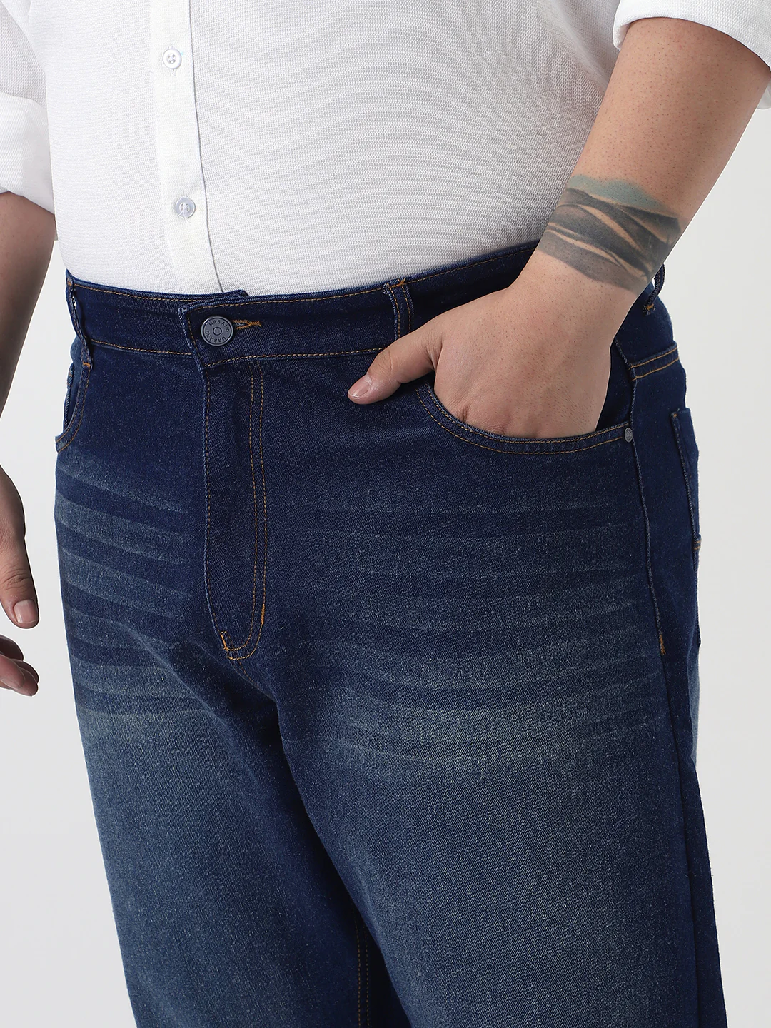 Plus Men's Dark Blue Straight Fit Heavy Washed Jeans Stretchable - Image 5