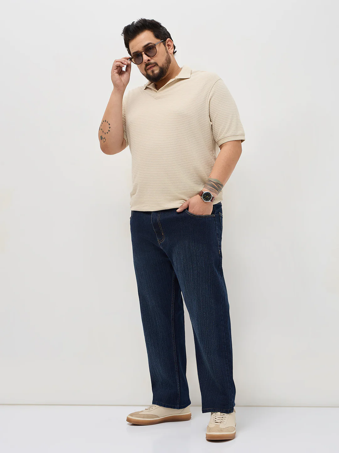 Plus Men's Dark Blue Straight Fit Washed Denim Jeans Stretchable - Image 4