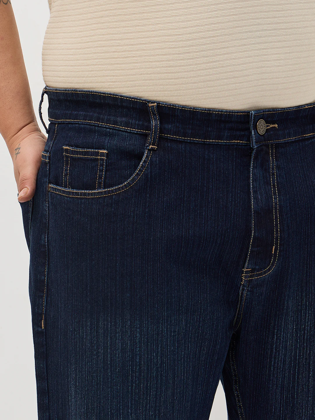 Plus Men's Dark Blue Straight Fit Washed Denim Jeans Stretchable - Image 5